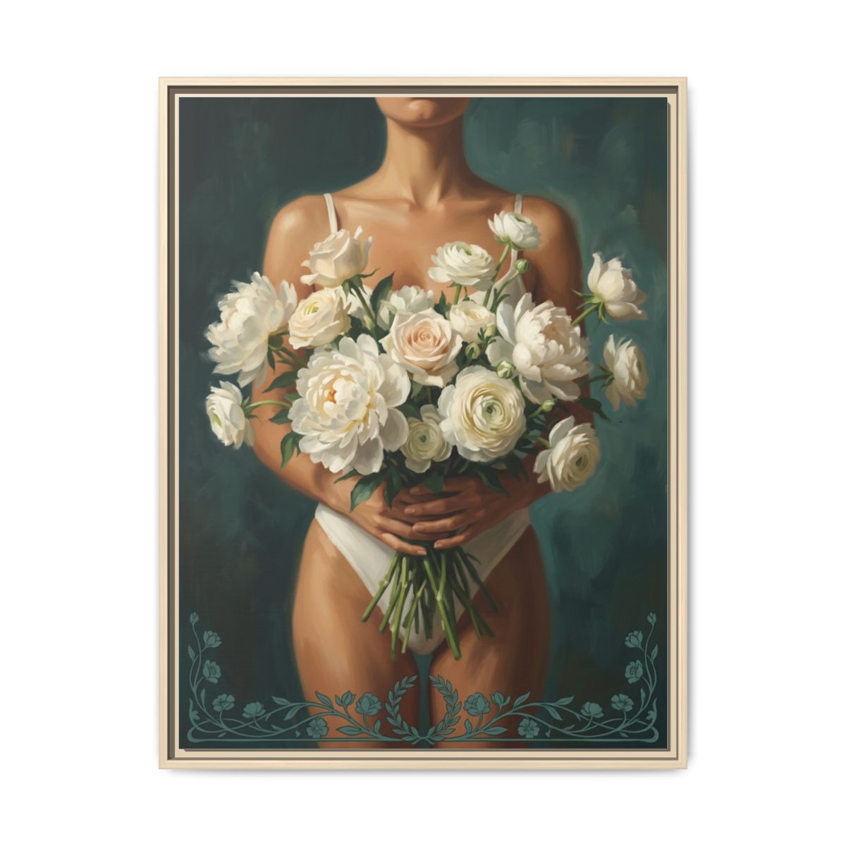 Floral Figure Oil Painting Canvas Print | Teal Feminine Wall Art | White Peonies Vintage Editorial Decor — Thumbnail 5