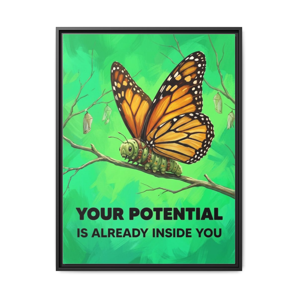 Motivational Canvas Wall Art | Caterpillar Butterfly Transformation Illustration | Emerald Gold Framed Canvas, Ready to Hang — Thumbnail 2