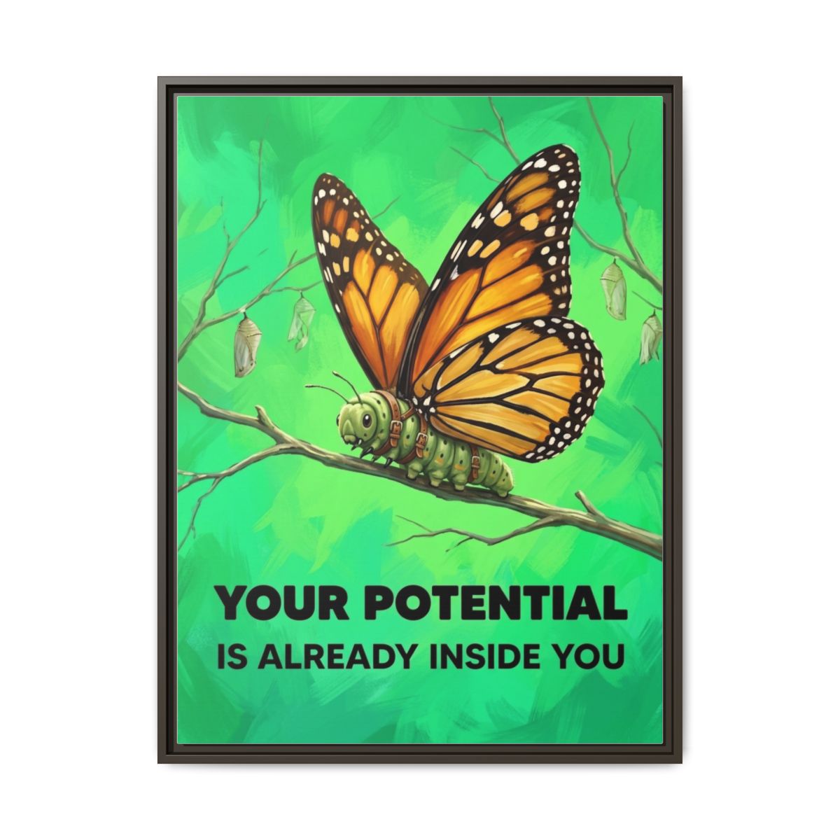 Motivational Canvas Wall Art | Caterpillar Butterfly Transformation Illustration | Emerald Gold Framed Canvas, Ready to Hang — Thumbnail 3