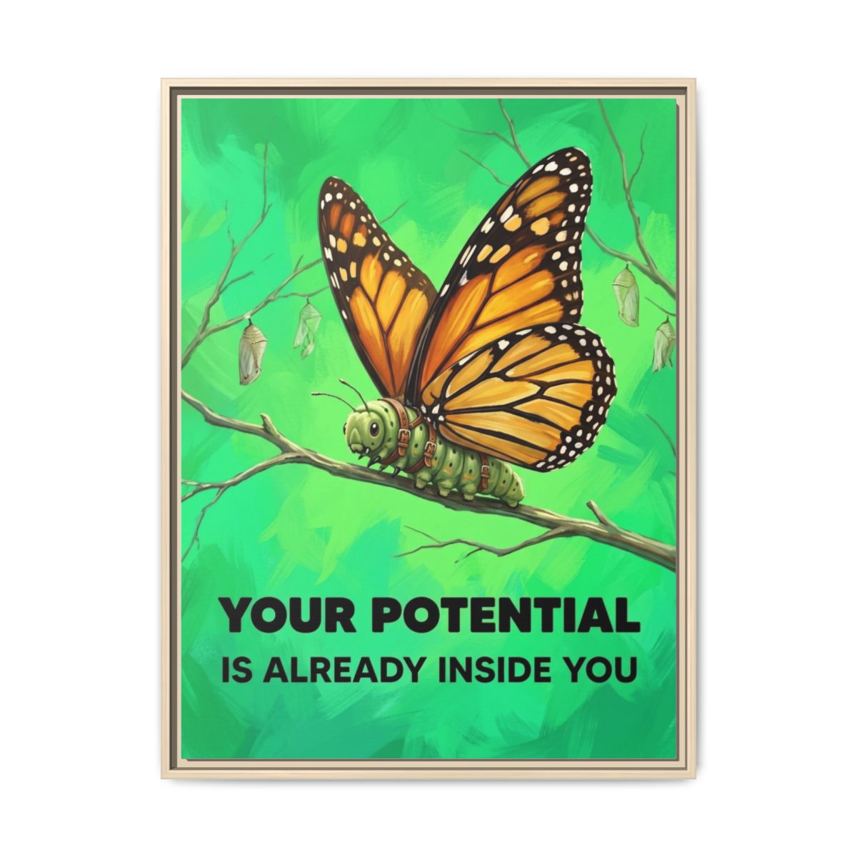 Motivational Canvas Wall Art | Caterpillar Butterfly Transformation Illustration | Emerald Gold Framed Canvas, Ready to Hang — Thumbnail 5