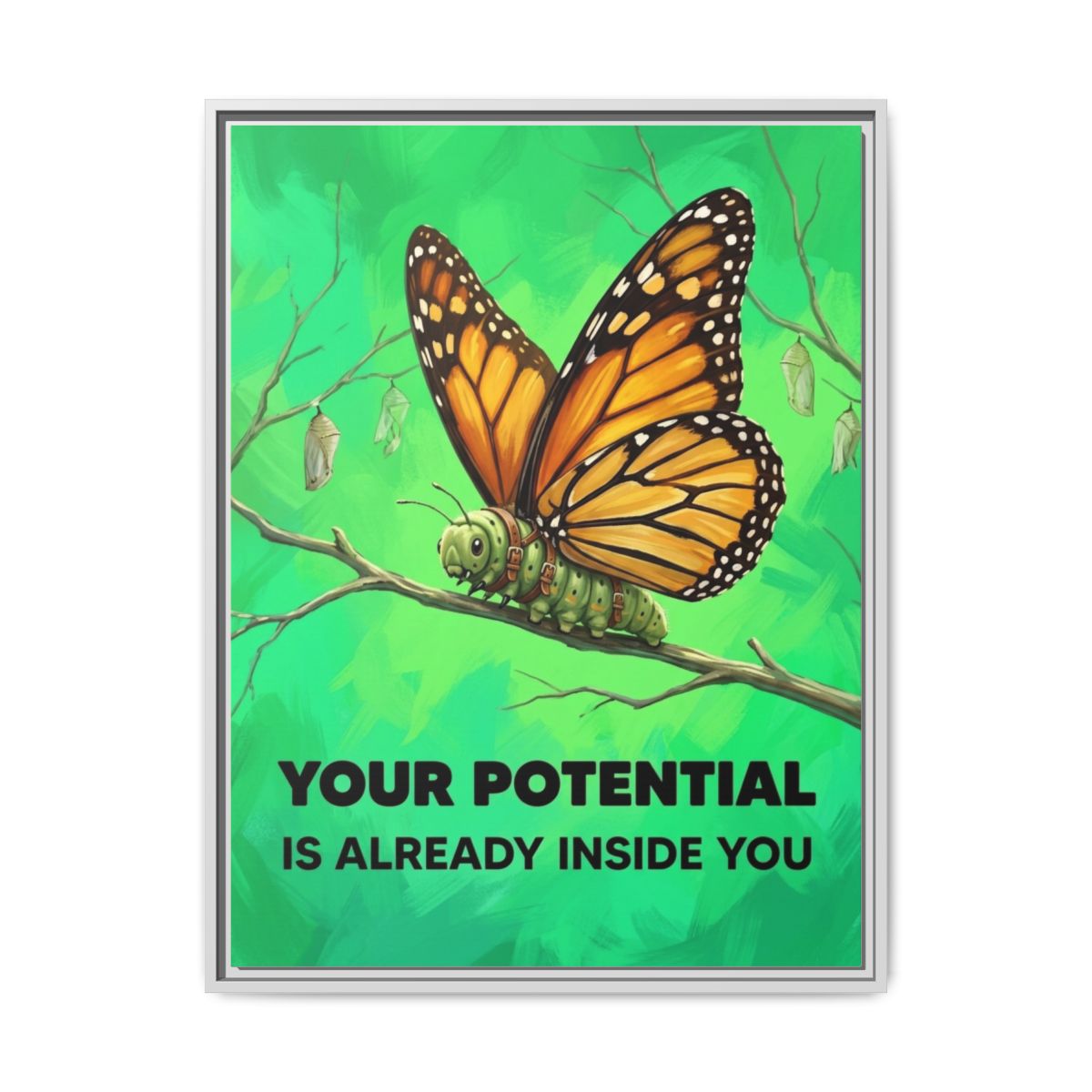 Motivational Canvas Wall Art | Caterpillar Butterfly Transformation Illustration | Emerald Gold Framed Canvas, Ready to Hang — Thumbnail 4