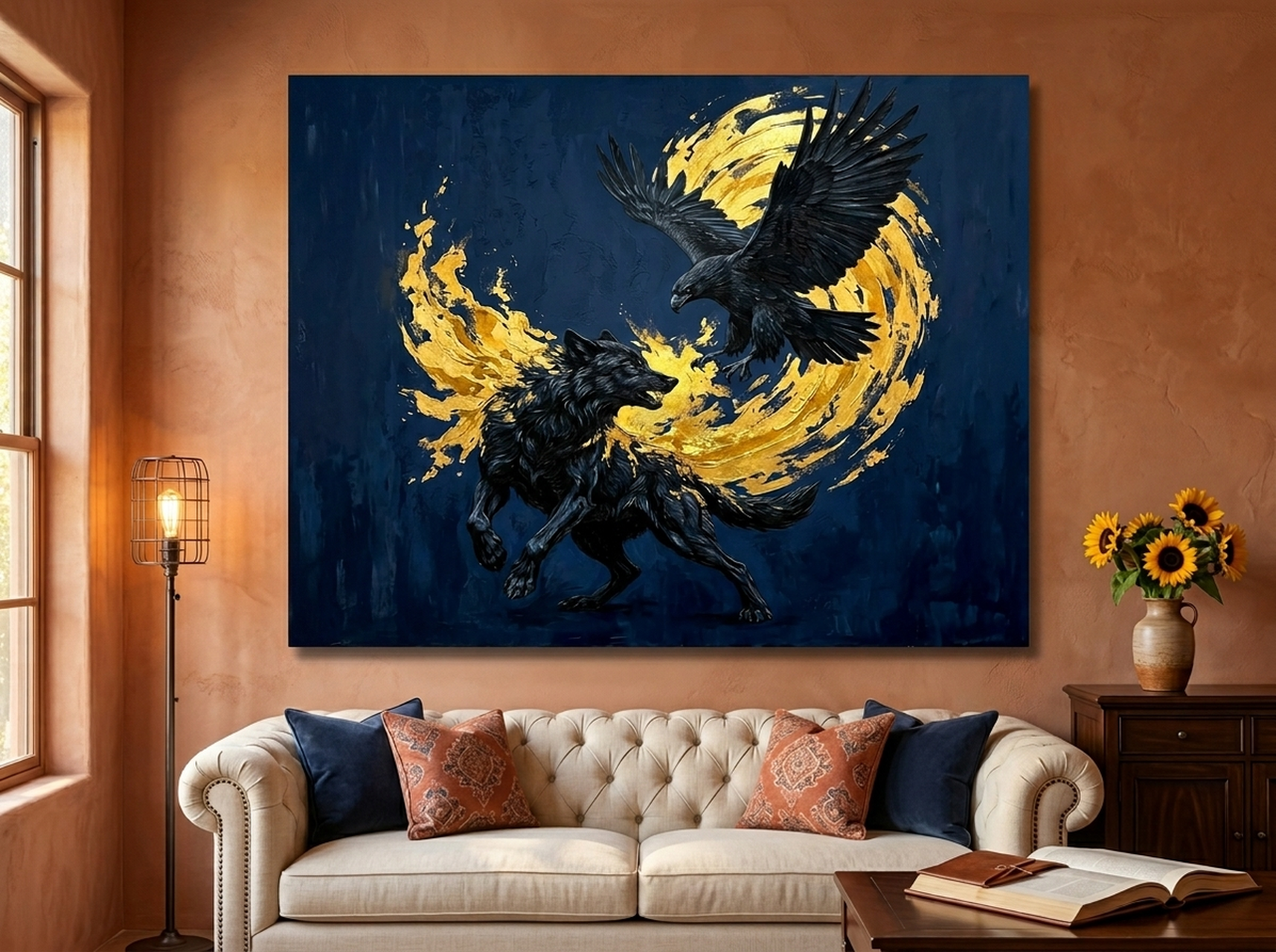 Wolf Eagle Canvas Wall Art | Painterly Wildlife Navy Gold Print | Framed Canvas Wall Art, Ready to Hang