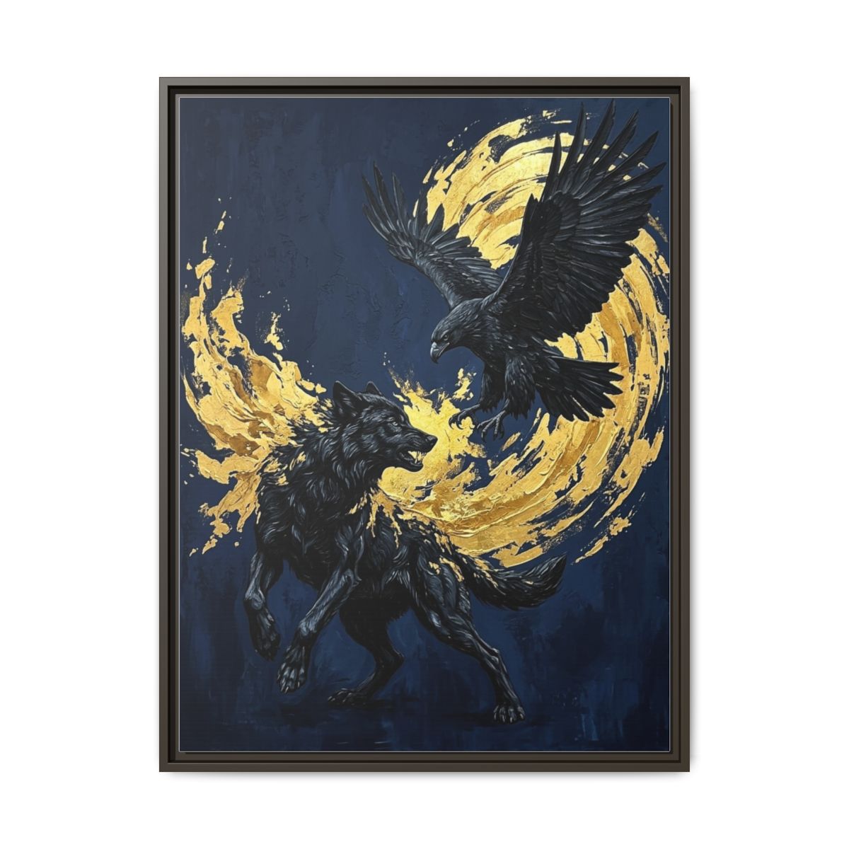 Wolf Eagle Canvas Wall Art | Painterly Wildlife Navy Gold Print | Framed Canvas Wall Art, Ready to Hang — Thumbnail 3