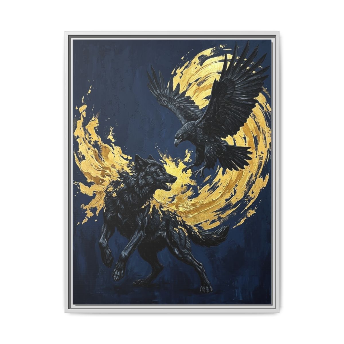 Wolf Eagle Canvas Wall Art | Painterly Wildlife Navy Gold Print | Framed Canvas Wall Art, Ready to Hang — Thumbnail 4