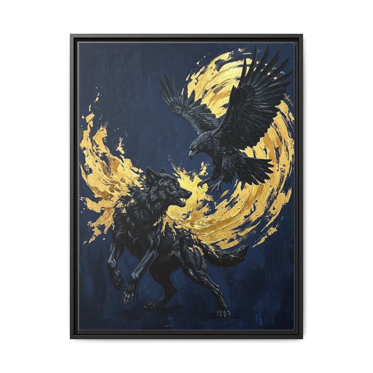 Wolf Eagle Canvas Wall Art | Painterly Wildlife Navy Gold Print | Framed Canvas Wall Art, Ready to Hang - alternate view