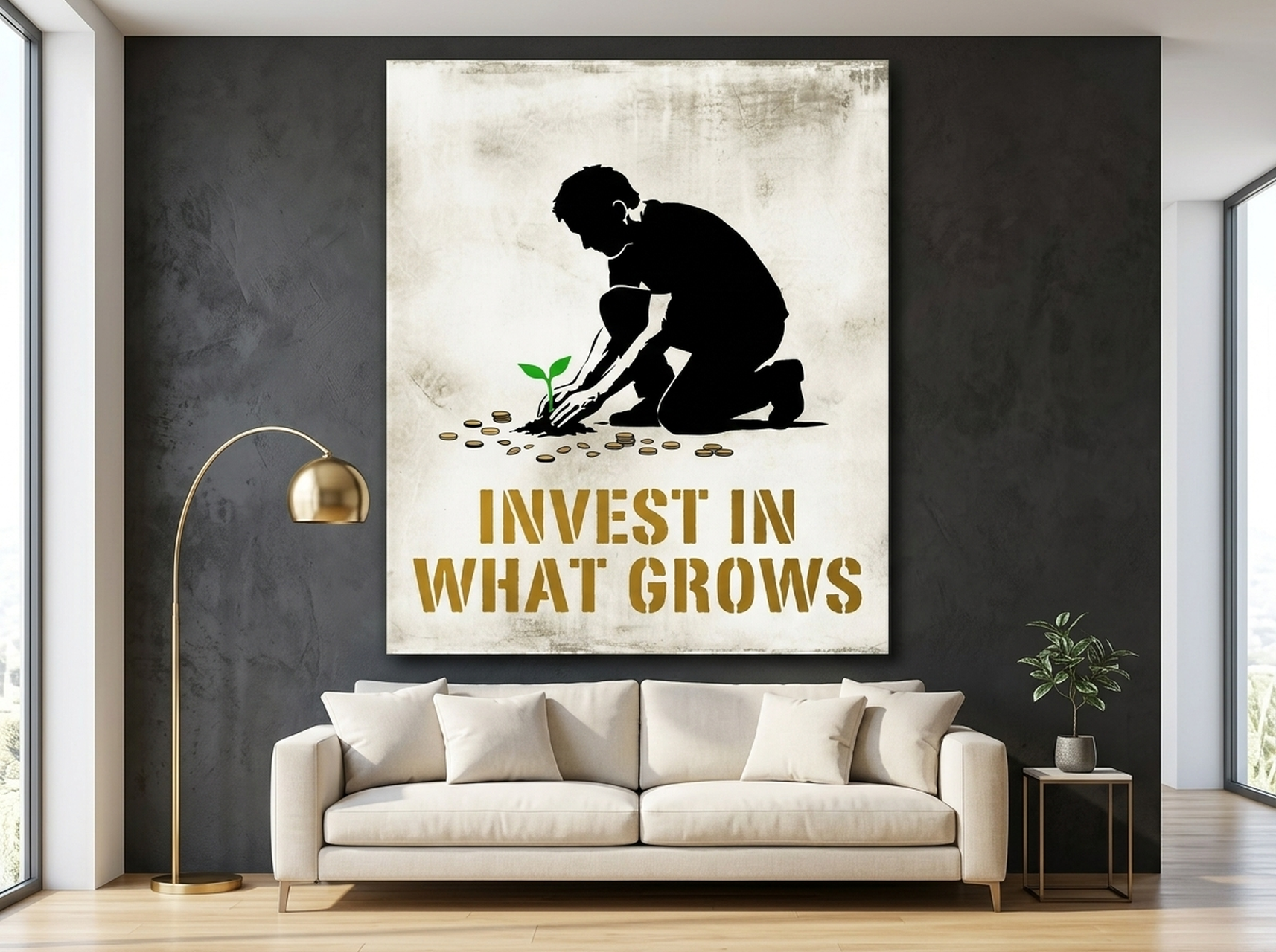 Motivational Canvas Wall Art | Plant Your Flag Street Art Print | Cream Gold Framed Canvas, Ready to Hang
