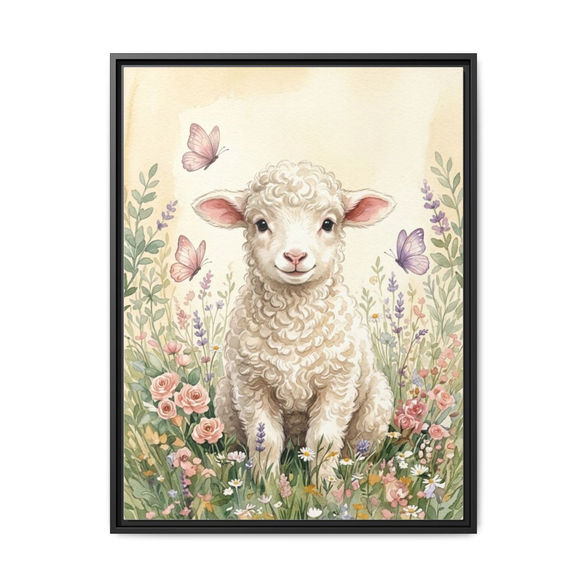 Baby Lamb Wildflower Watercolor Nursery Canvas Wall Art | Boho Farm Animal Kids Room Decor | Shower Gift — Thumbnail 2
