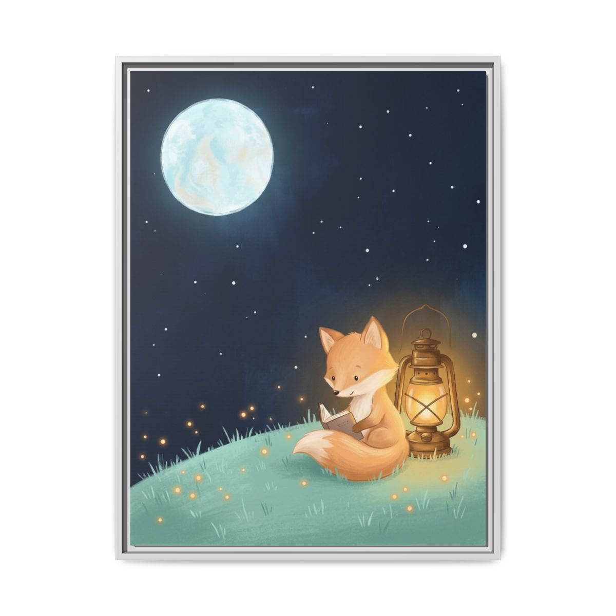 Fox Reading by Starlight Whimsical Nursery Canvas Wall Art | Navy Storybook Kids Room Decor | Book Gift — Thumbnail 4