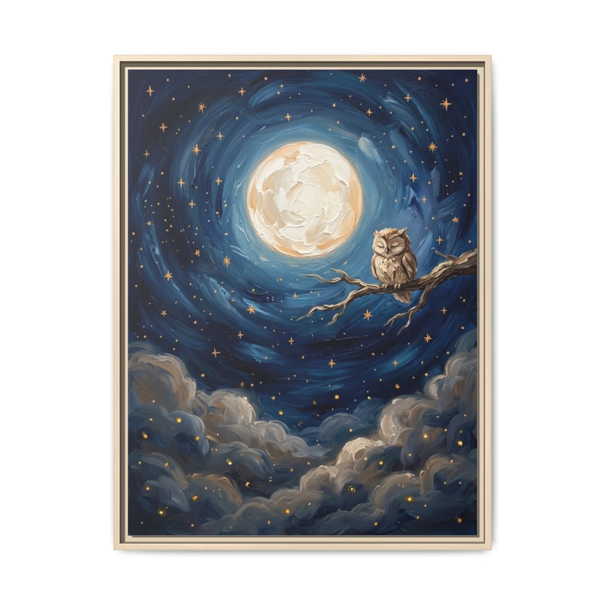 Moon Owl Celestial Oil Painting Nursery Canvas Wall Art | Night Sky Indigo Kids Room Decor | Bedtime Gift — Thumbnail 5