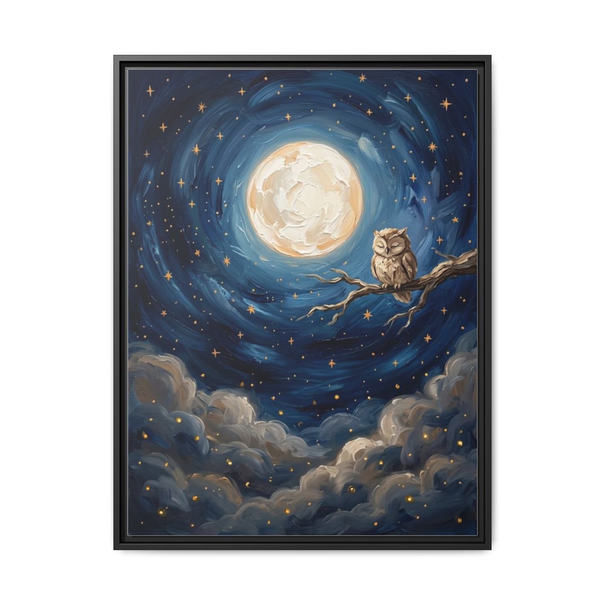 Moon Owl Celestial Oil Painting Nursery Canvas Wall Art | Night Sky Indigo Kids Room Decor | Bedtime Gift — Thumbnail 2