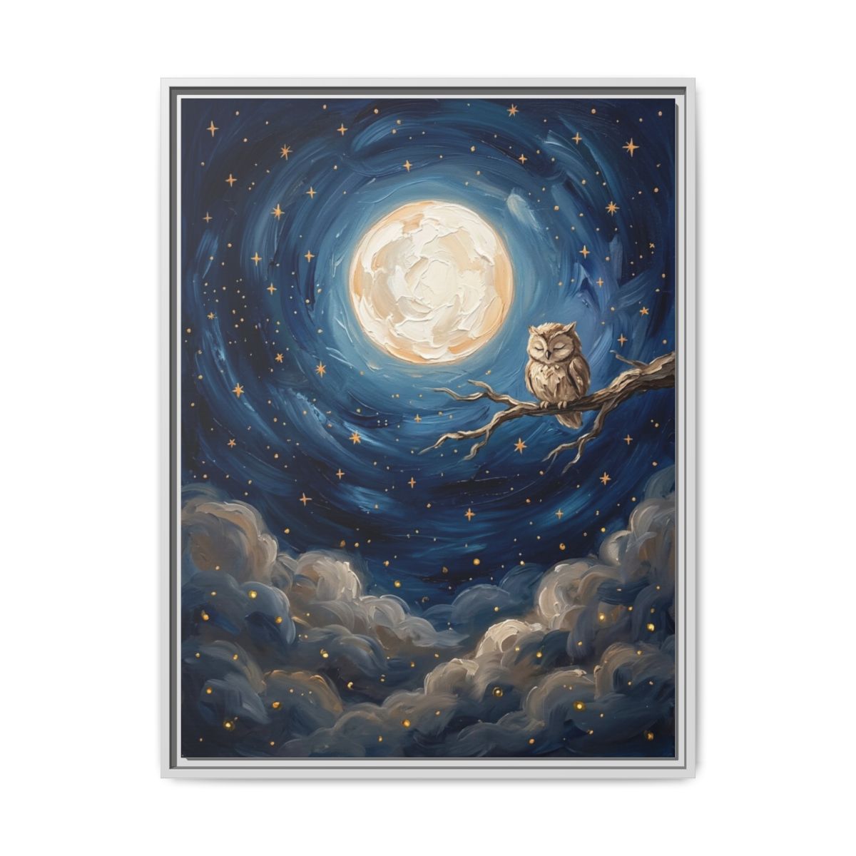 Moon Owl Celestial Oil Painting Nursery Canvas Wall Art | Night Sky Indigo Kids Room Decor | Bedtime Gift — Thumbnail 4