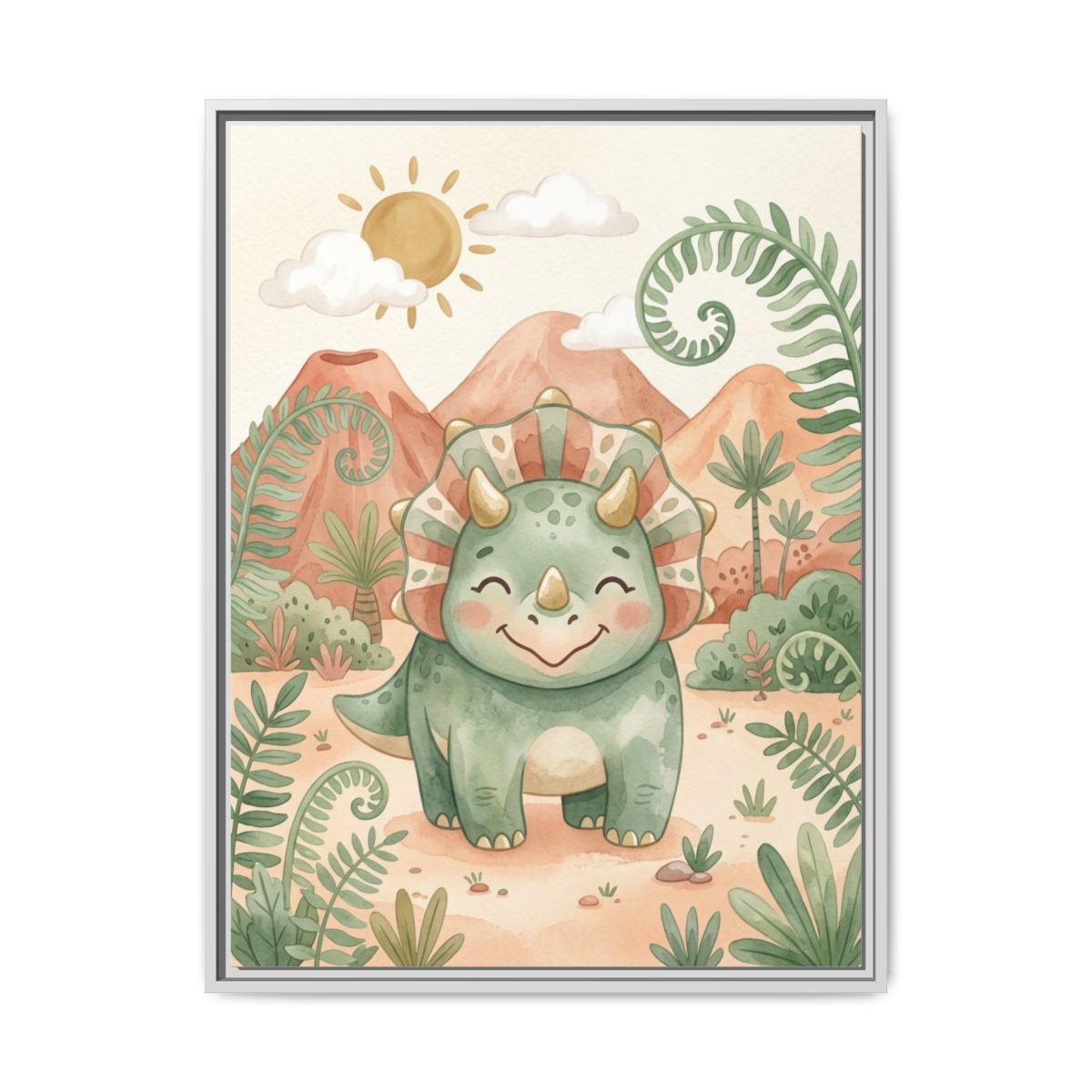 Triceratops Watercolor Nursery Canvas Wall Art | Friendly Dinosaur Kids Room Decor | Dino Birthday Gift — Thumbnail 4