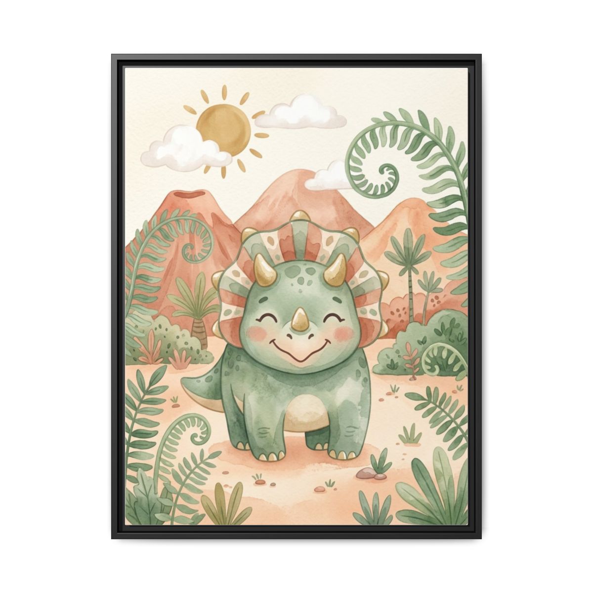 Triceratops Watercolor Nursery Canvas Wall Art | Friendly Dinosaur Kids Room Decor | Dino Birthday Gift — Thumbnail 2