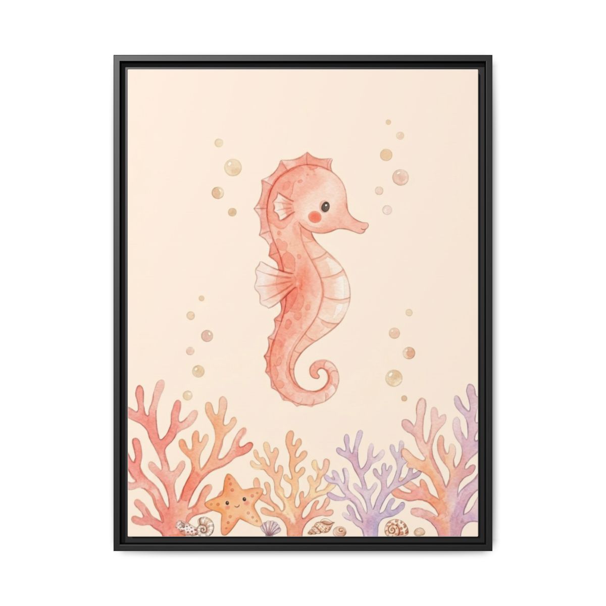Kawaii Seahorse Coral Nursery Canvas Wall Art | Ocean Underwater Kids Room Decor | Sea Animal Pink Gift — Thumbnail 2