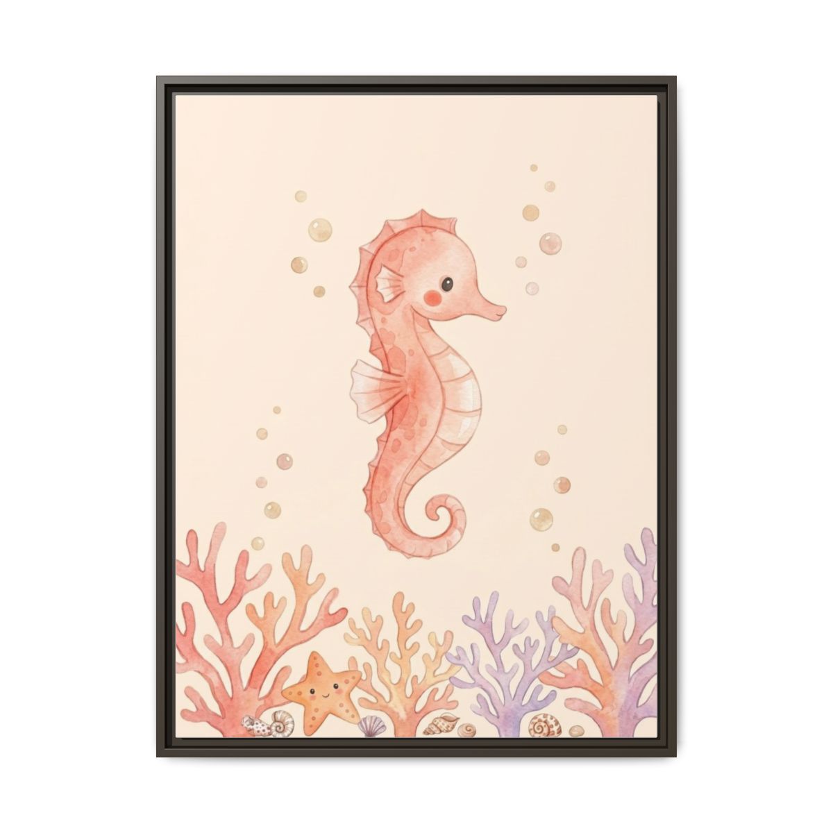 Kawaii Seahorse Coral Nursery Canvas Wall Art | Ocean Underwater Kids Room Decor | Sea Animal Pink Gift — Thumbnail 3