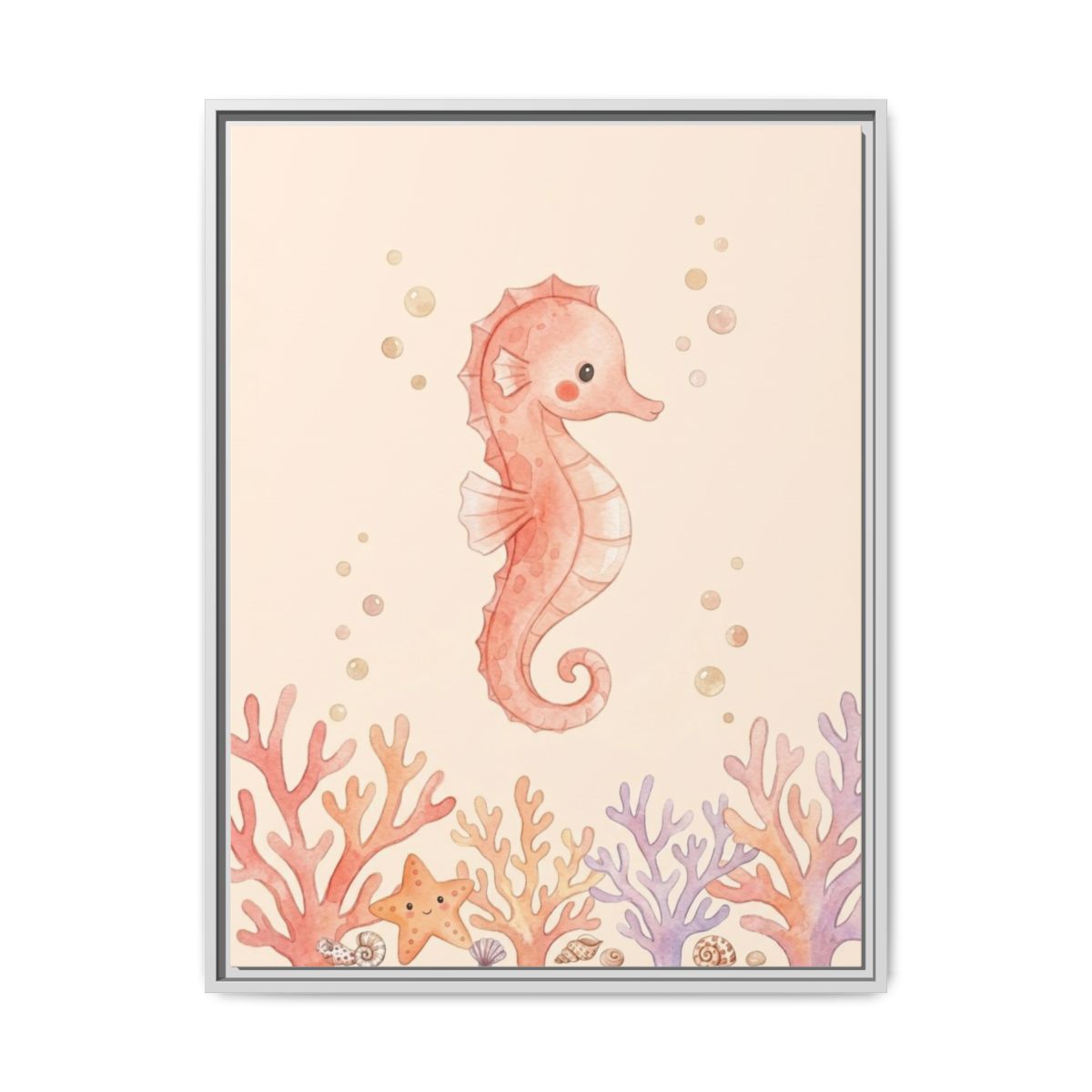 Kawaii Seahorse Coral Nursery Canvas Wall Art | Ocean Underwater Kids Room Decor | Sea Animal Pink Gift — Thumbnail 4