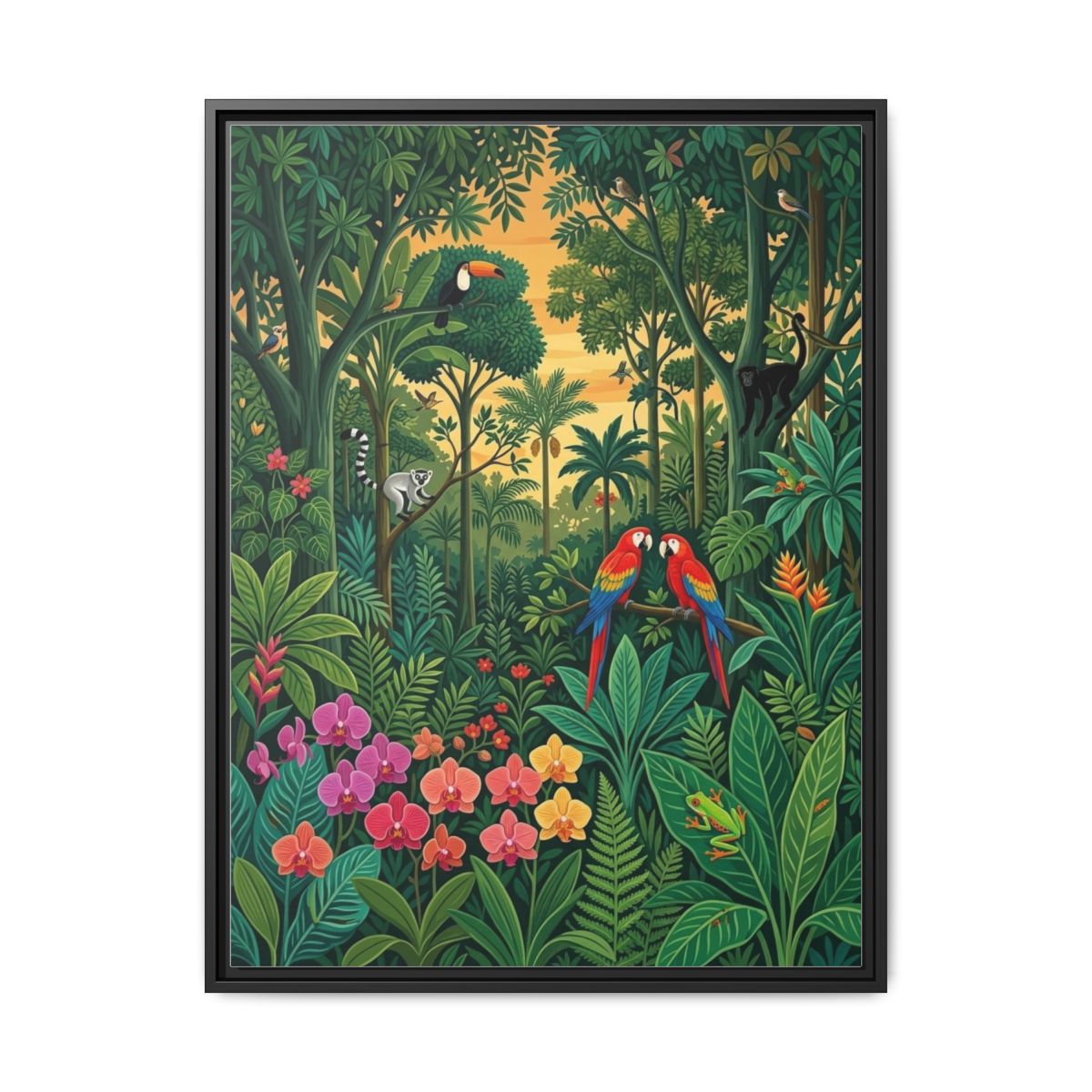 Rainforest Parrots Rousseau Style Nursery Canvas Wall Art | Tropical Jungle Kids Room Decor | Nature Gift — Thumbnail 2