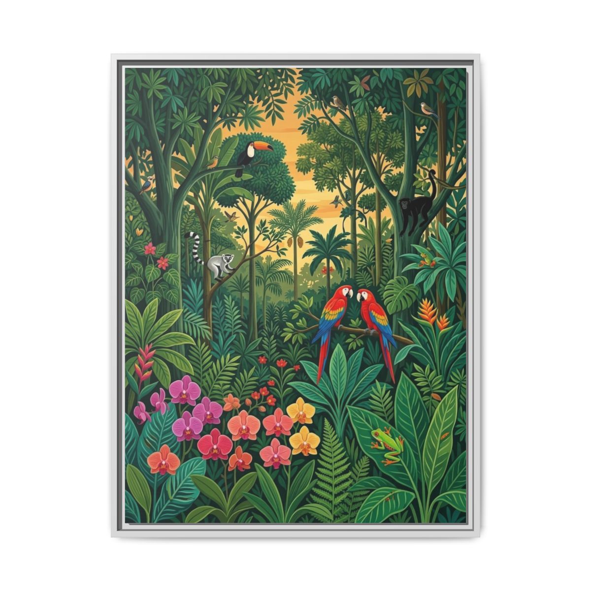 Rainforest Parrots Rousseau Style Nursery Canvas Wall Art | Tropical Jungle Kids Room Decor | Nature Gift — Thumbnail 4