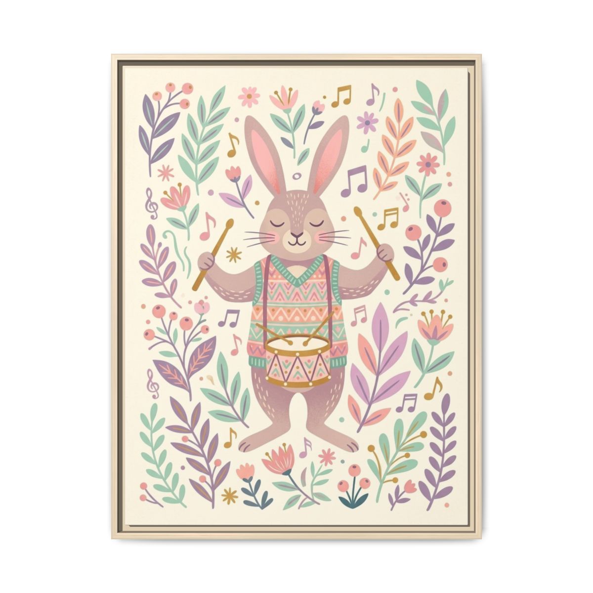 Rabbit Drummer Folk Art Nursery Canvas Wall Art | Playful Music Kids Room Decor | Animal Musician Print — Thumbnail 5