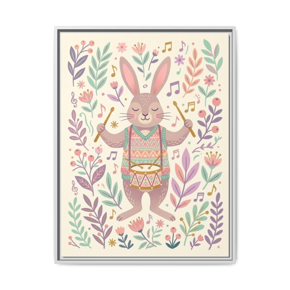 Rabbit Drummer Folk Art Nursery Canvas Wall Art | Playful Music Kids Room Decor | Animal Musician Print — Thumbnail 4
