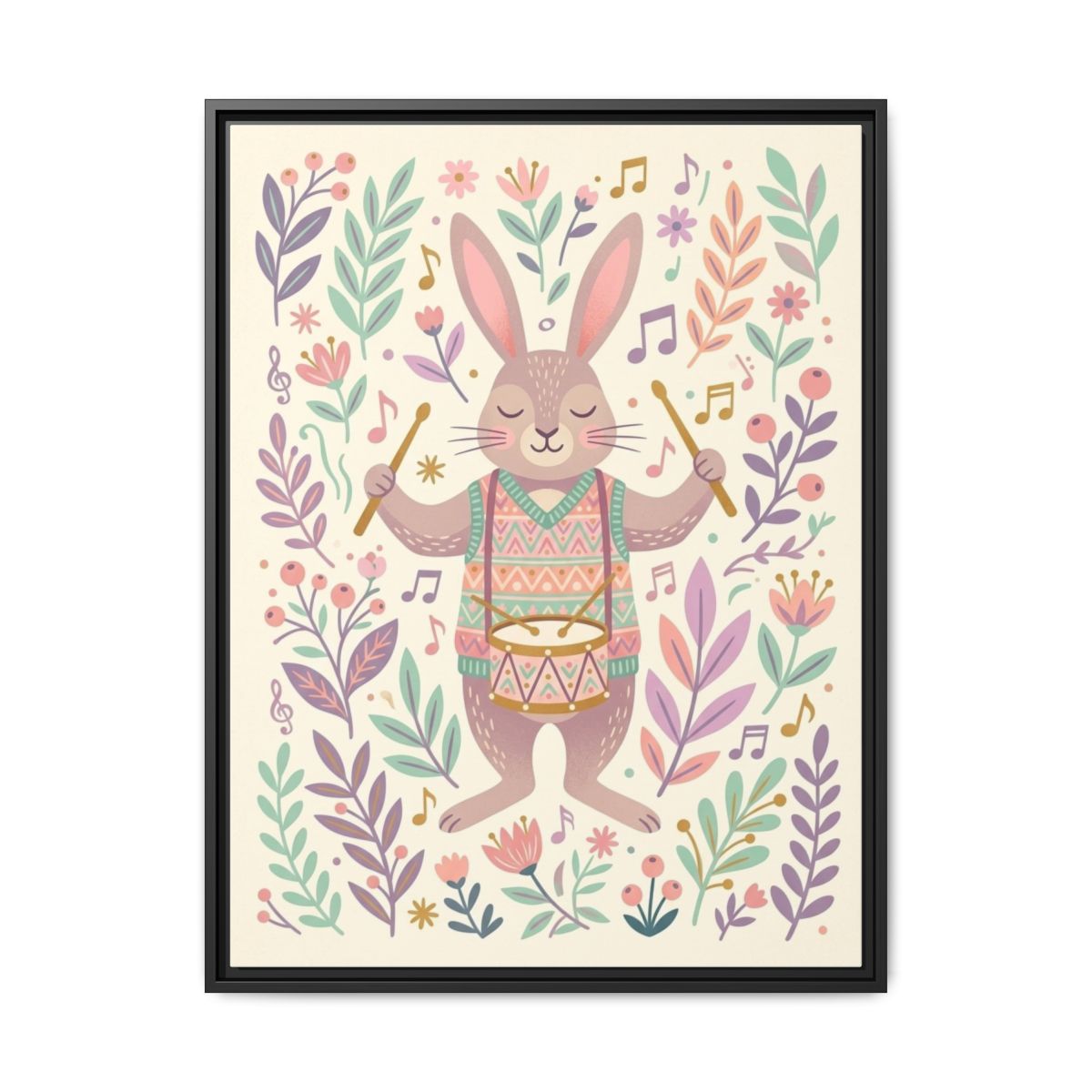 Rabbit Drummer Folk Art Nursery Canvas Wall Art | Playful Music Kids Room Decor | Animal Musician Print — Thumbnail 2