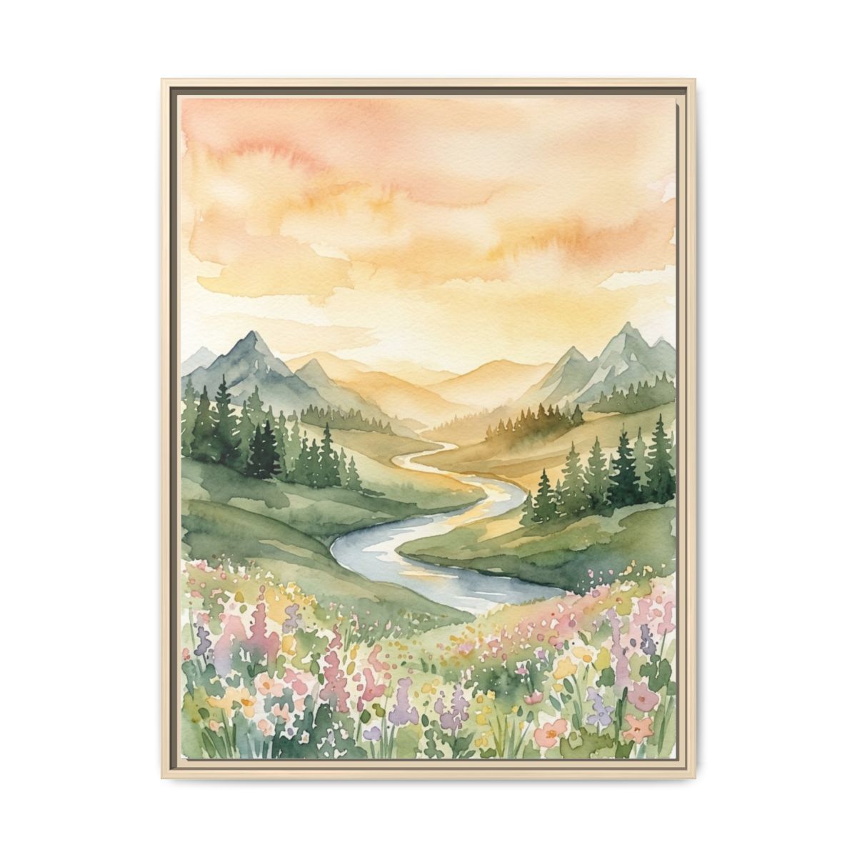 Rolling Hills Sunrise Watercolor Nursery Canvas Wall Art | Golden Landscape Kids Room Decor | Nature Print — Thumbnail 5
