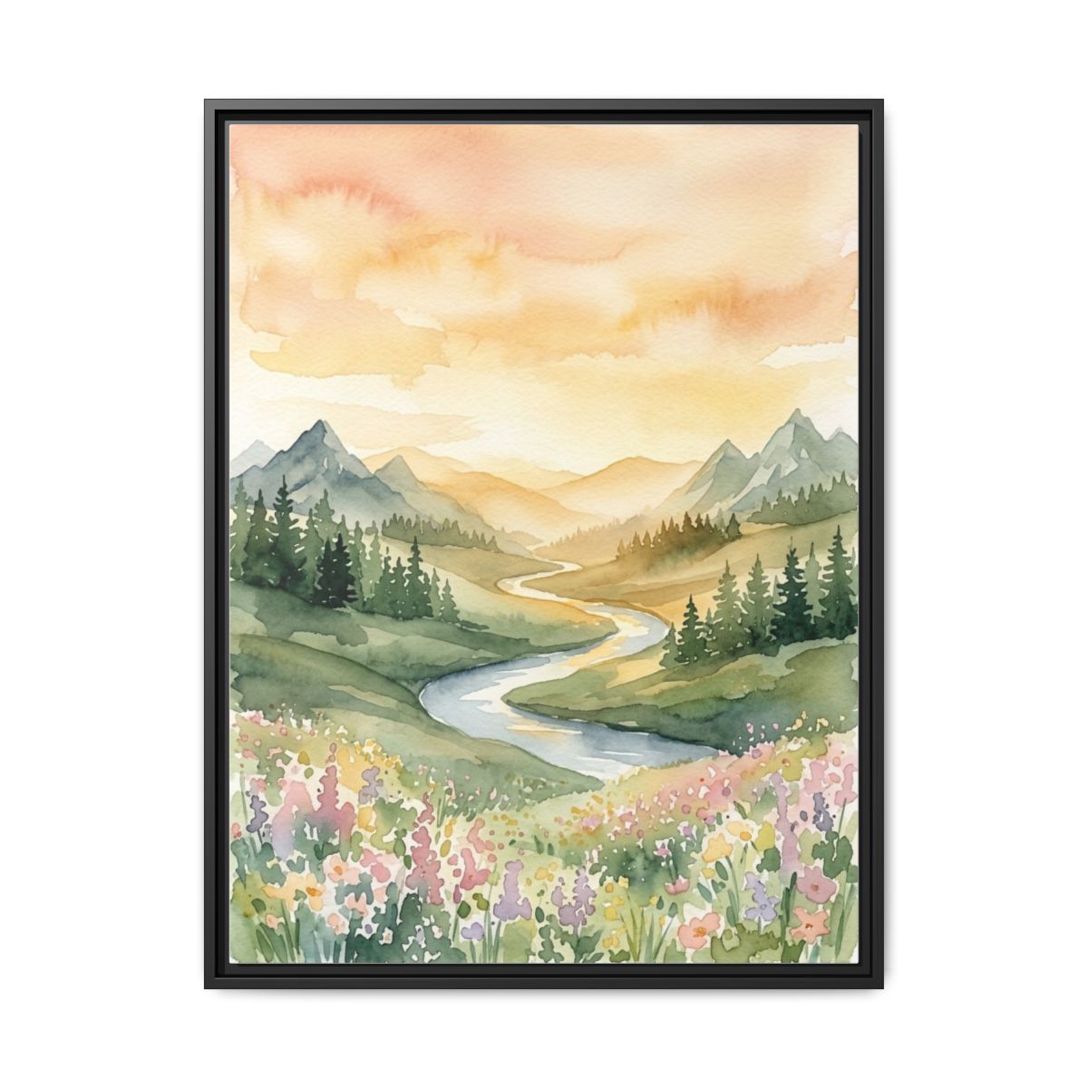 Rolling Hills Sunrise Watercolor Nursery Canvas Wall Art | Golden Landscape Kids Room Decor | Nature Print — Thumbnail 2