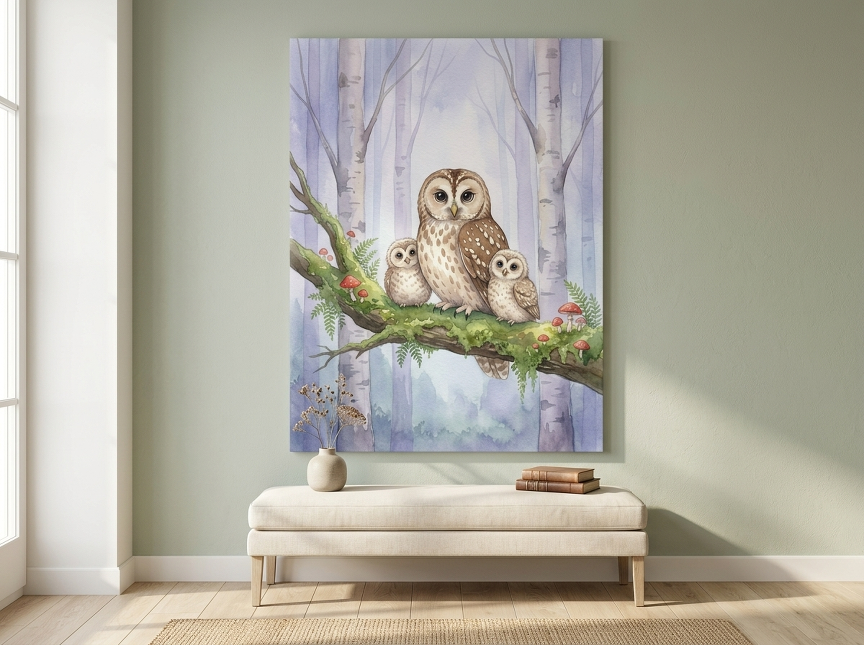 Owl Family Watercolor Nursery Canvas Wall Art | Woodland Dusty Blue Kids Room Decor | Nature Animal Gift — Image 1
