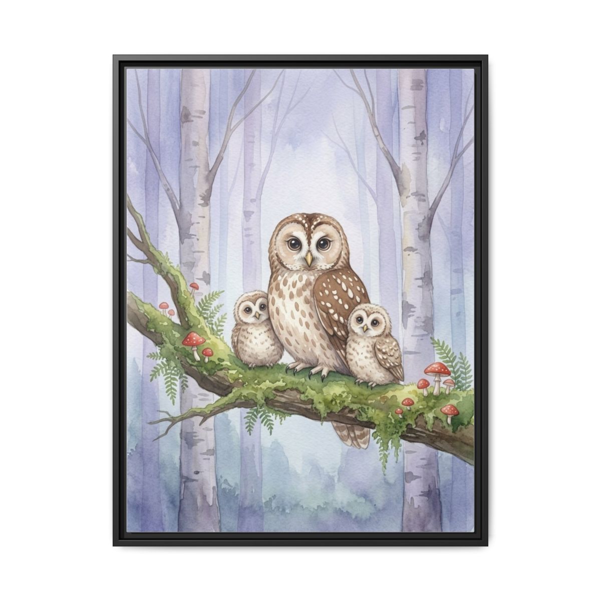 Owl Family Watercolor Nursery Canvas Wall Art | Woodland Dusty Blue Kids Room Decor | Nature Animal Gift — Thumbnail 2