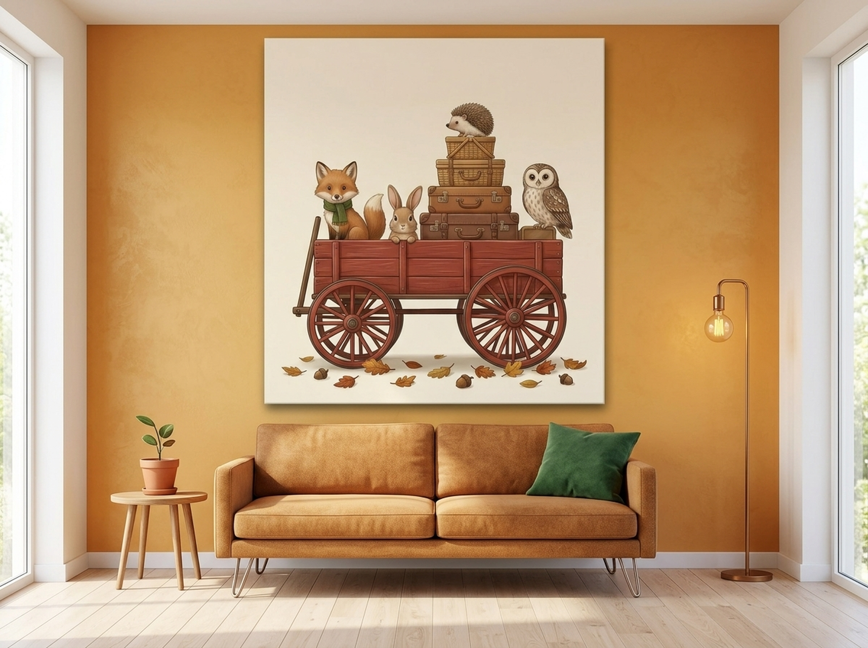 Woodland Animals Red Wagon Canvas Nursery Wall Art | Playful Adventure Kids Room Decor | Birthday Gift