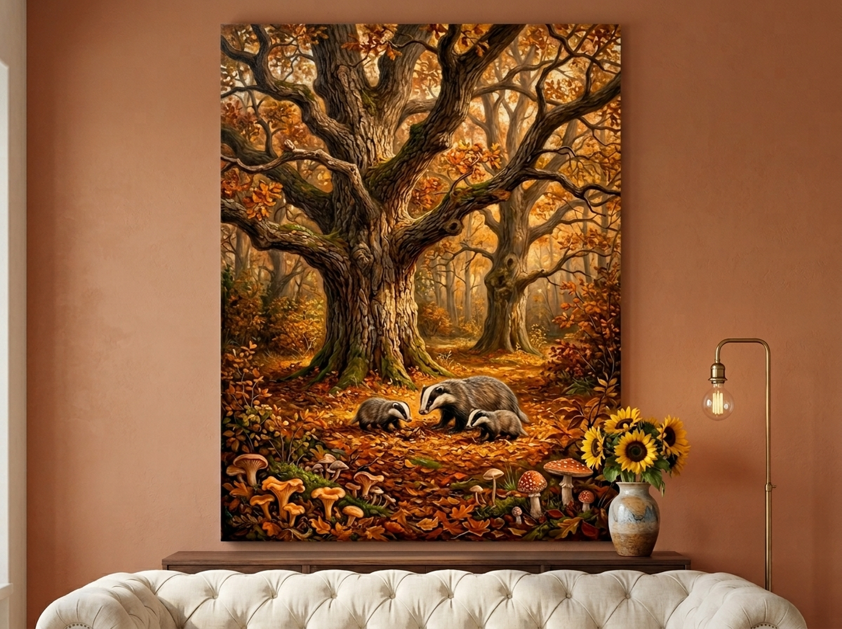 Woodland Badger Family Oil Painting Nursery Canvas Wall Art | Enchanted Forest Kids Room Decor | Nature Gift