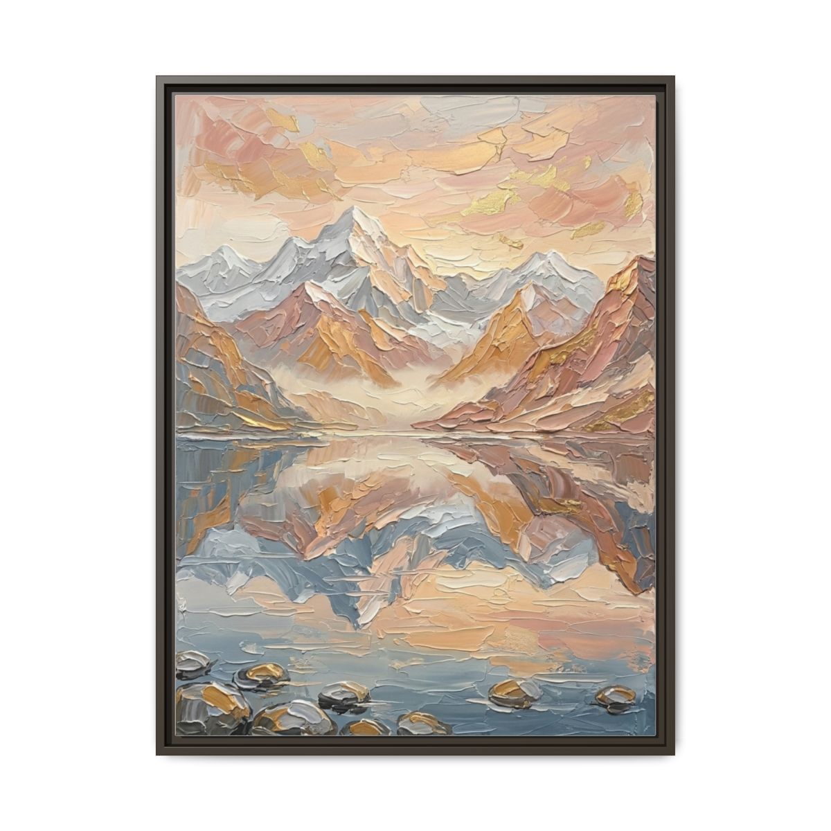 Alpine Mountain Canvas Wall Art | Impasto Reflection Peach Gold Print | Living Room Nature Decor — Thumbnail 3