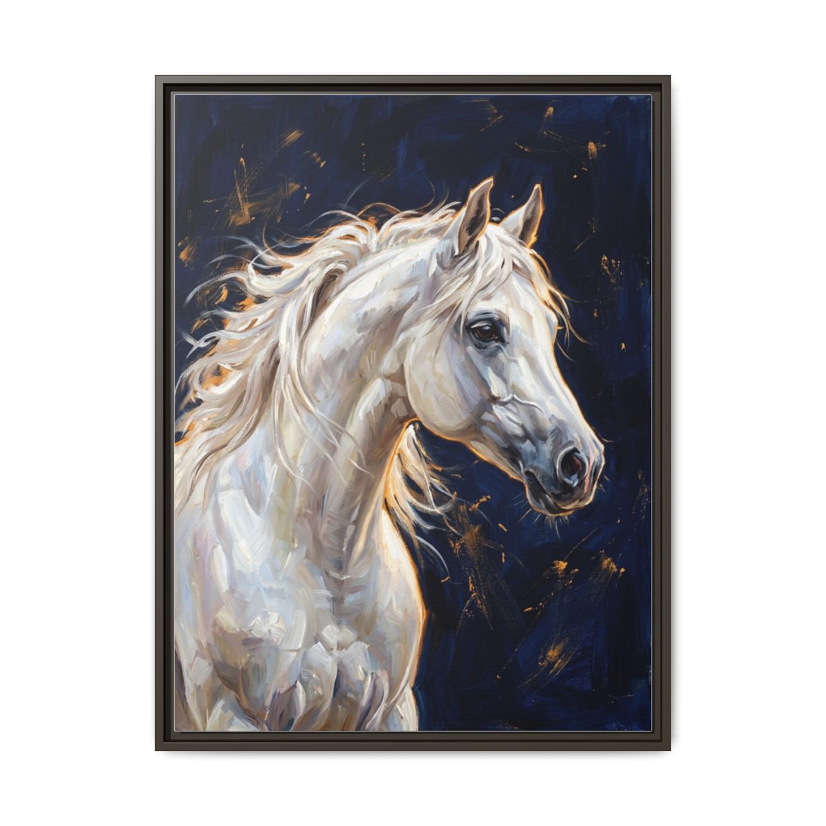 White Horse Canvas Wall Art | Impasto Oil Painting Navy Gold Print | Living Room Luxury Decor — Thumbnail 3