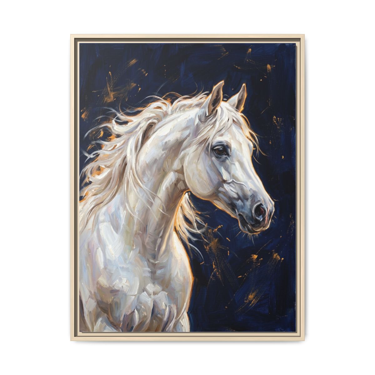 White Horse Canvas Wall Art | Impasto Oil Painting Navy Gold Print | Living Room Luxury Decor — Thumbnail 5