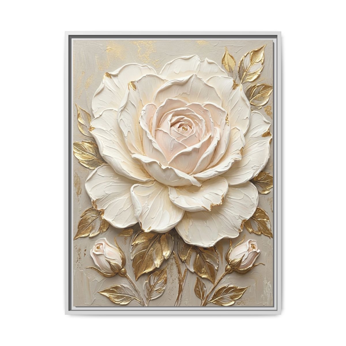 Oversized Rose Canvas Wall Art | Impasto Cream Gold Floral Print | Bedroom Luxury Decor — Thumbnail 4