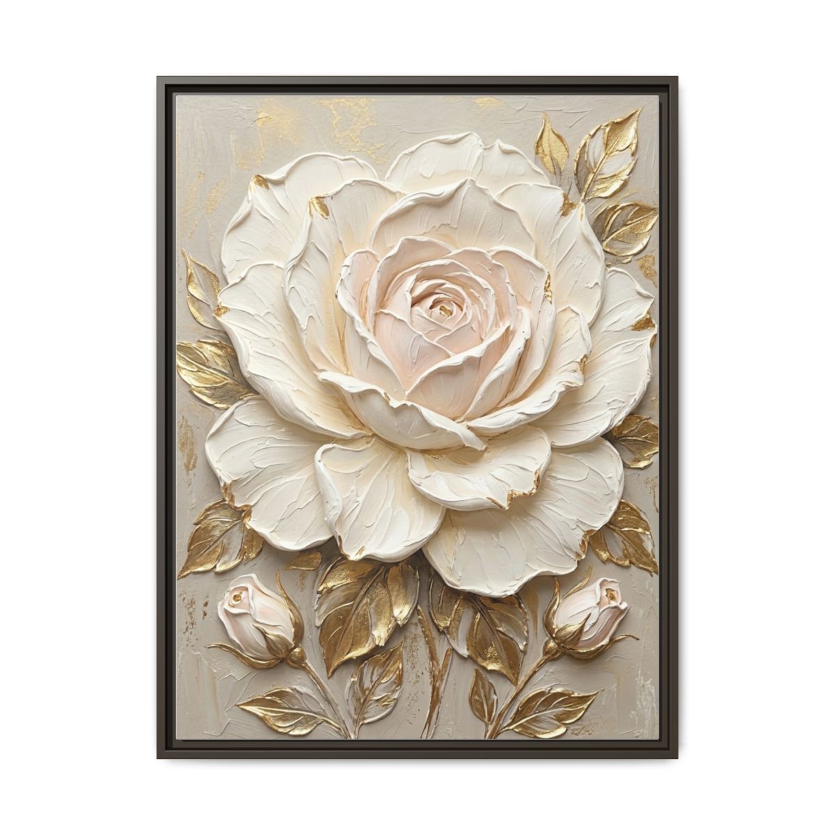 Oversized Rose Canvas Wall Art | Impasto Cream Gold Floral Print | Bedroom Luxury Decor — Thumbnail 3