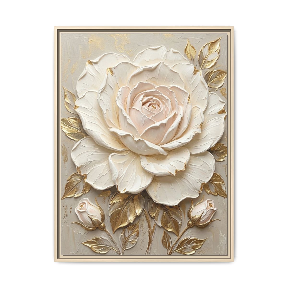 Oversized Rose Canvas Wall Art | Impasto Cream Gold Floral Print | Bedroom Luxury Decor — Thumbnail 5