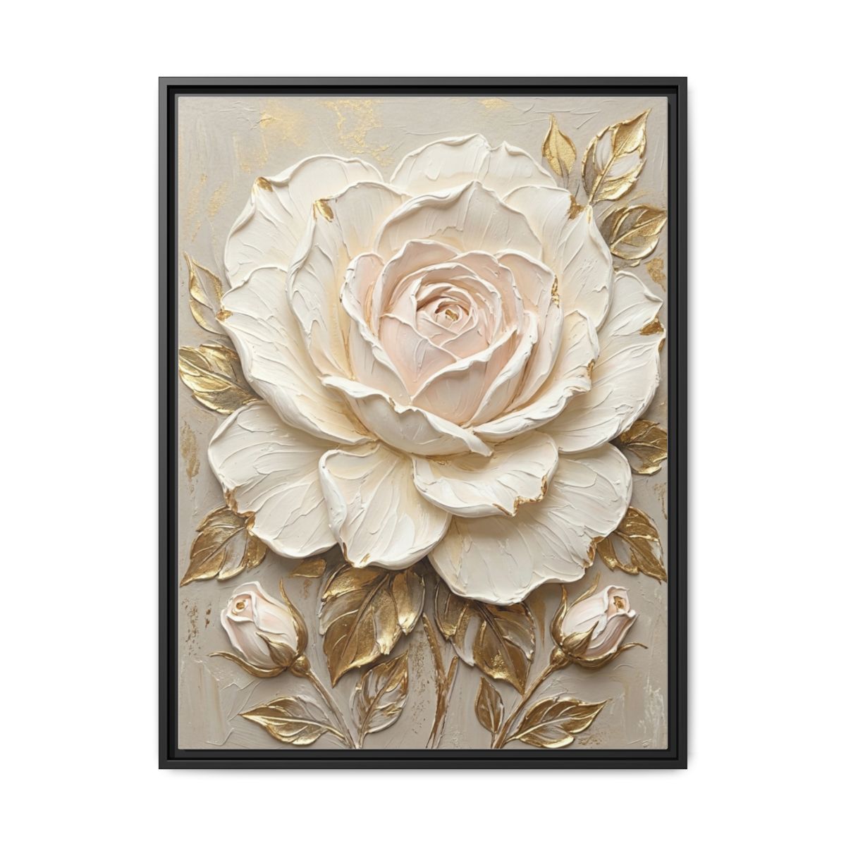 Oversized Rose Canvas Wall Art | Impasto Cream Gold Floral Print | Bedroom Luxury Decor — Thumbnail 2