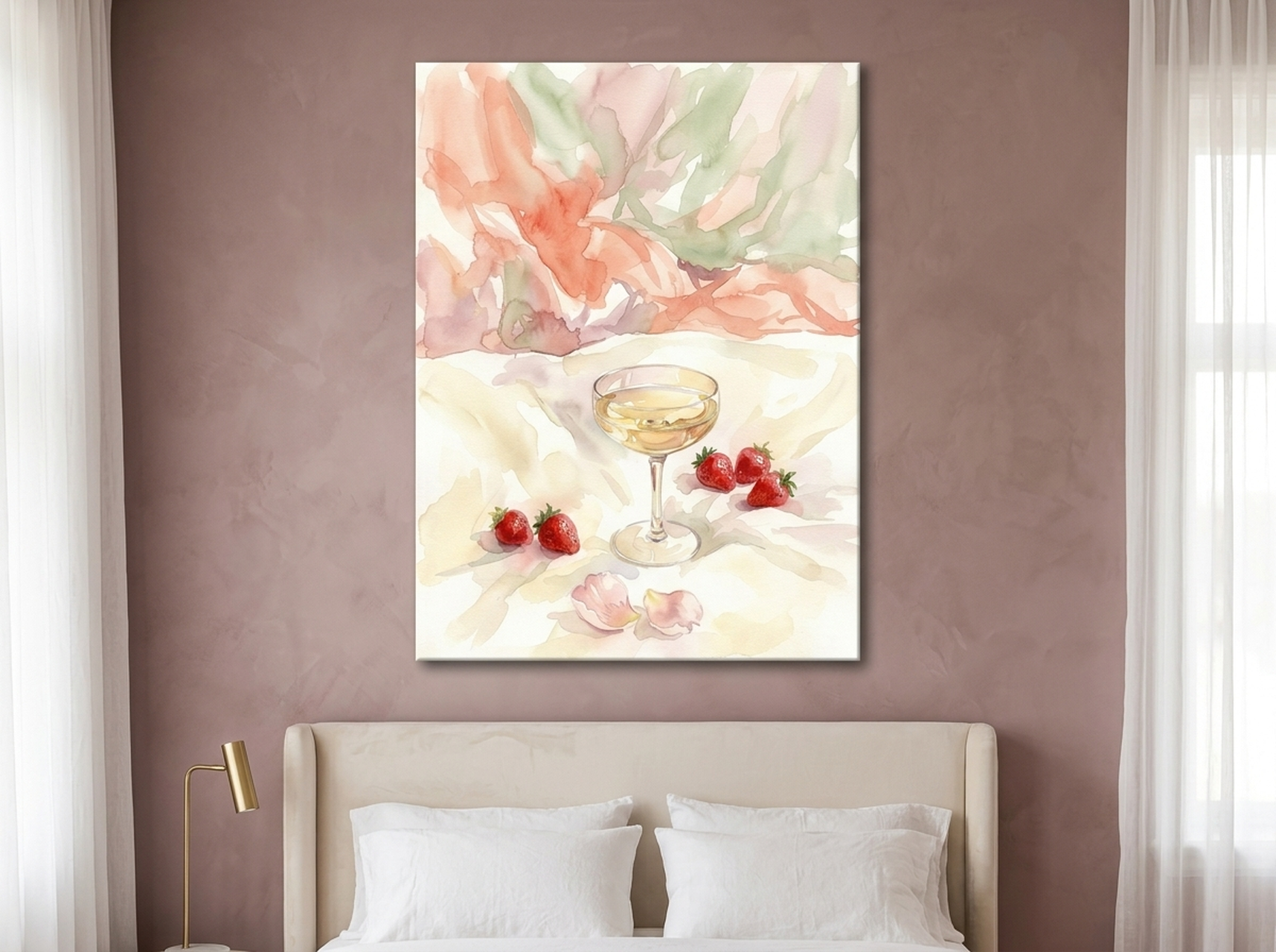 Champagne Strawberry Canvas Wall Art | Watercolor Bedroom Romantic Print | Blush Decor Gift