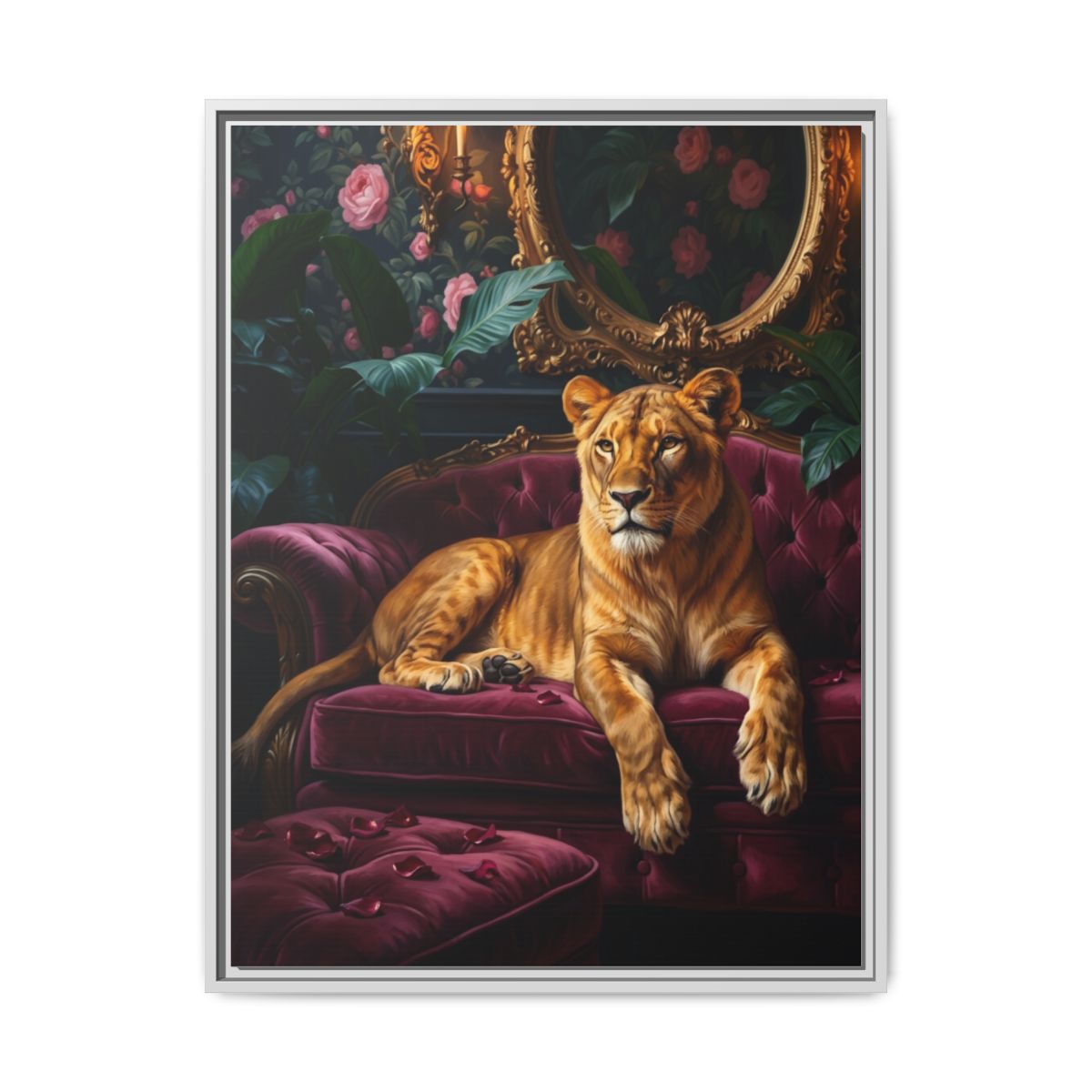 Lioness Canvas Wall Art | Baroque Animal Painting | Burgundy Gold Living Room Luxury Decor — Thumbnail 4