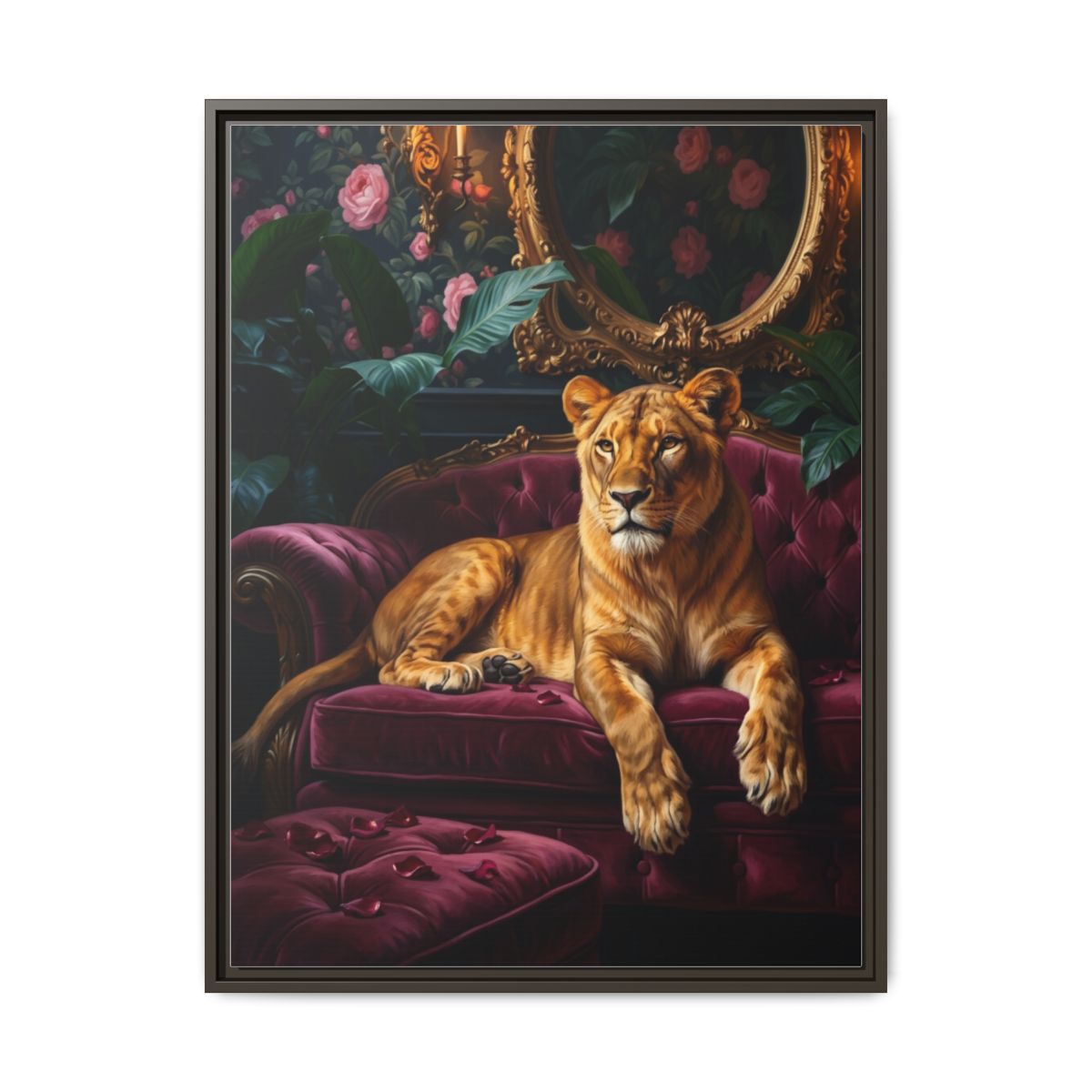 Lioness Canvas Wall Art | Baroque Animal Painting | Burgundy Gold Living Room Luxury Decor — Thumbnail 3