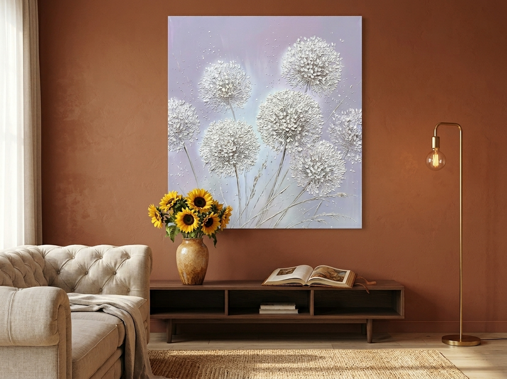 Allium Floral Canvas Wall Art | Impasto Flower Painting | Bedroom Lavender Decor Gift