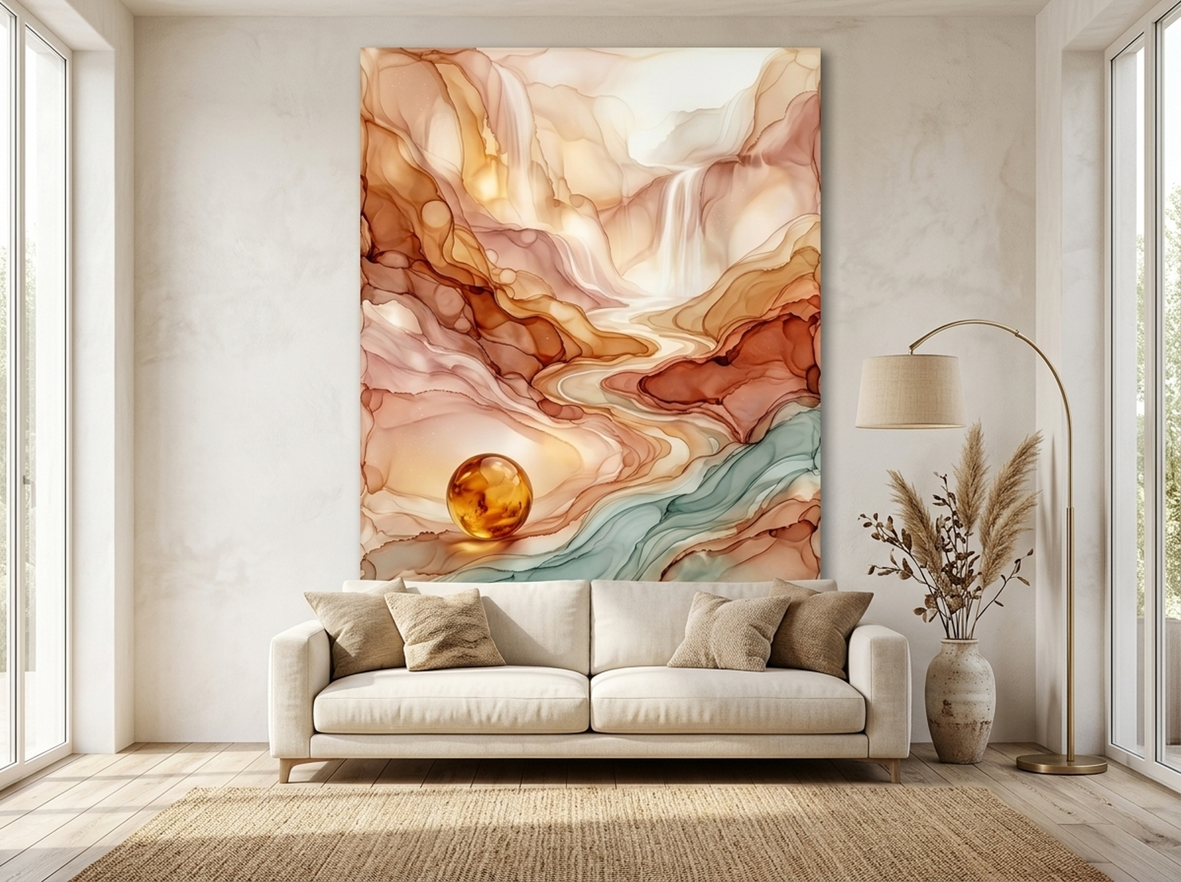 Fluid Abstract Landscape Canvas Wall Art | Gold Amber Living Room Decor | Modern Art Gift