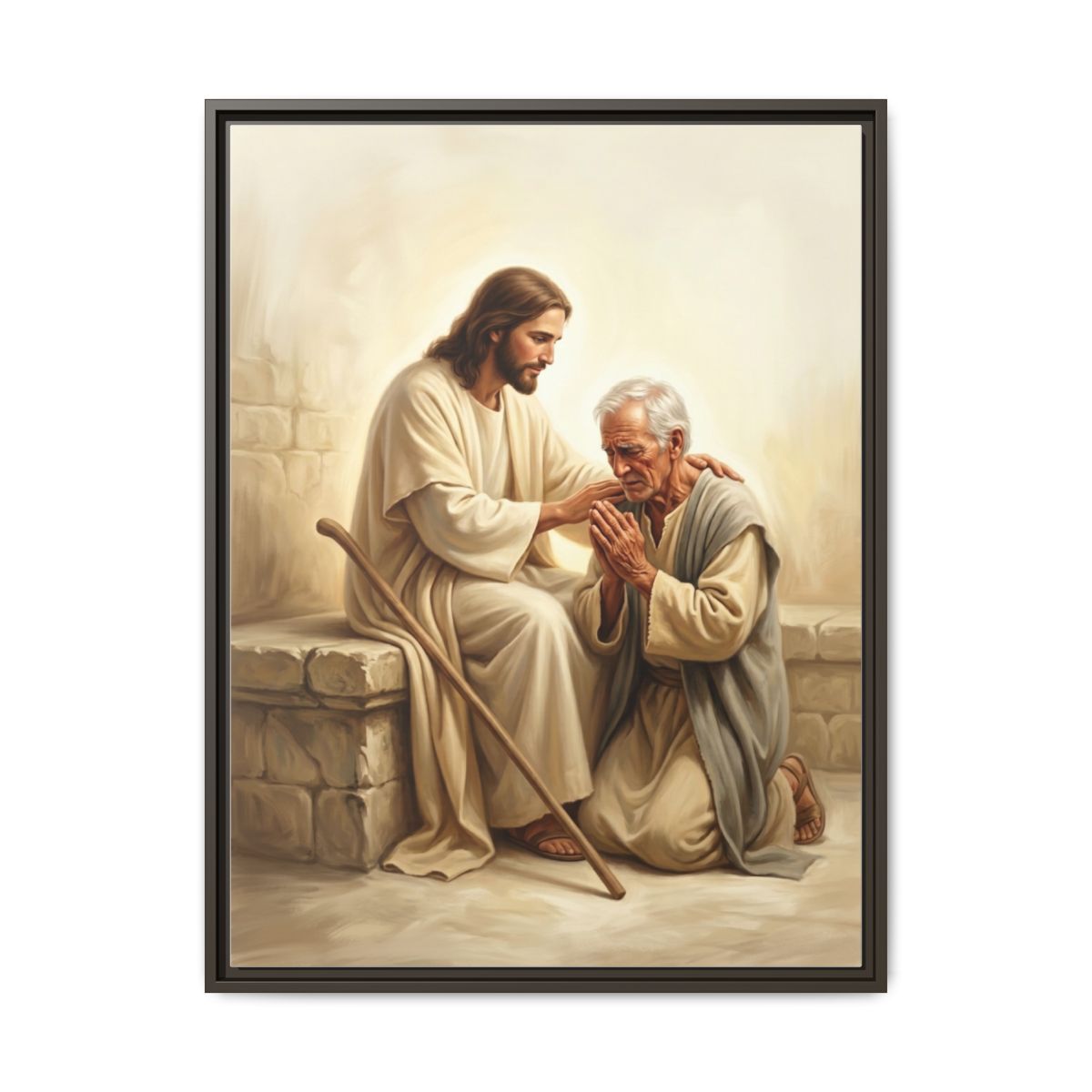 Jesus Embracing Man Canvas Wall Art | Painterly Christian Framed Print | Prayer Room Decor — Thumbnail 3