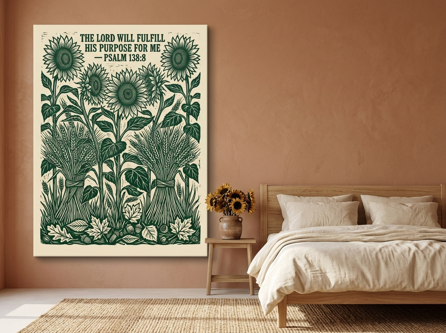 Sunflower Scripture Canvas Wall Art | Vintage Linocut Christian Print | Faith Bedroom Decor