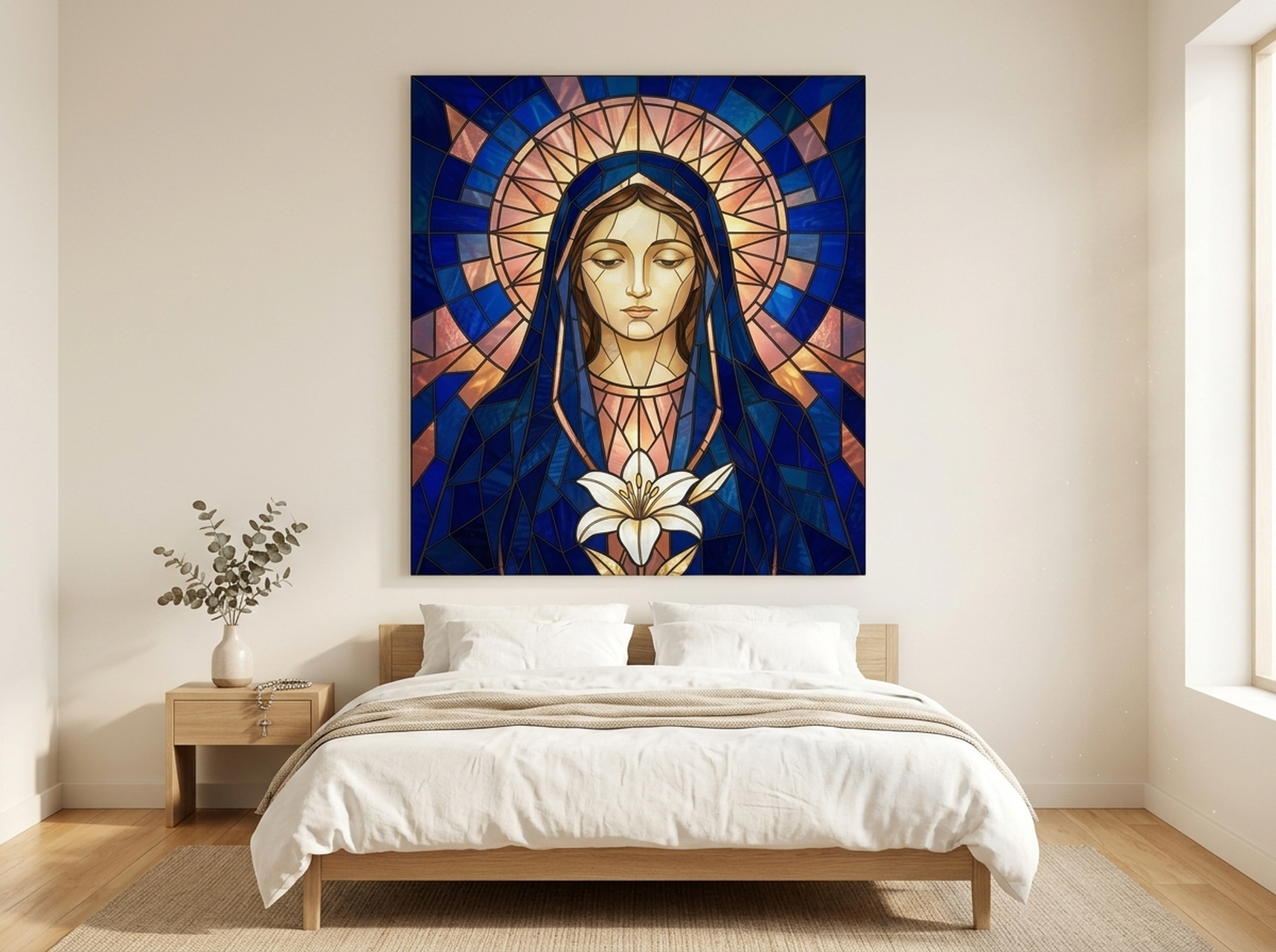 Virgin Mary Stained Glass Canvas Wall Art | Catholic Marian Framed Print | Bedroom Decor