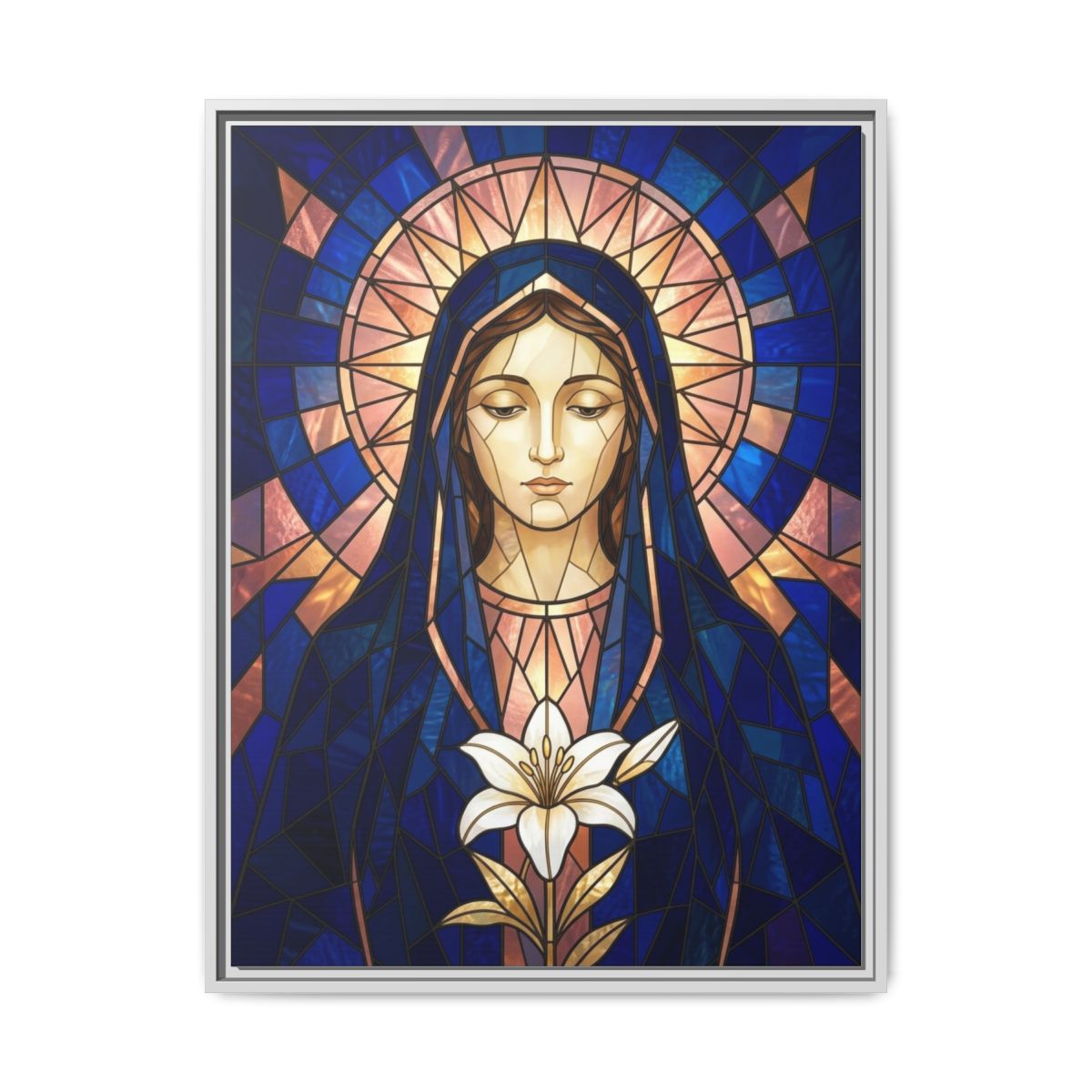 Virgin Mary Stained Glass Canvas Wall Art | Catholic Marian Framed Print | Bedroom Decor — Thumbnail 4