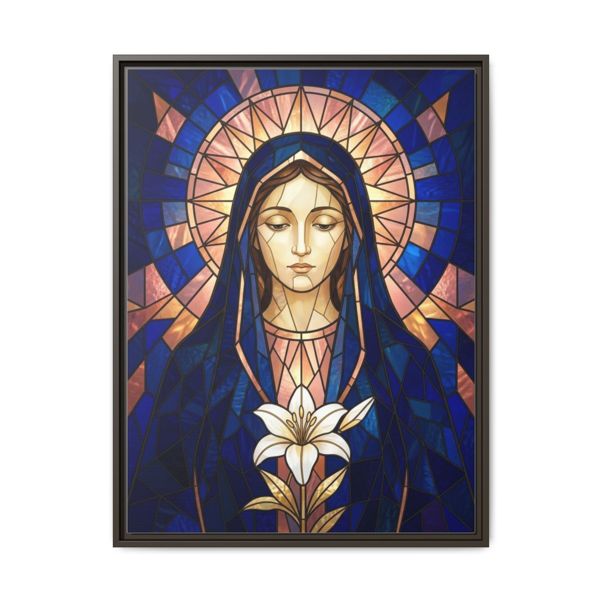 Virgin Mary Stained Glass Canvas Wall Art | Catholic Marian Framed Print | Bedroom Decor — Thumbnail 3
