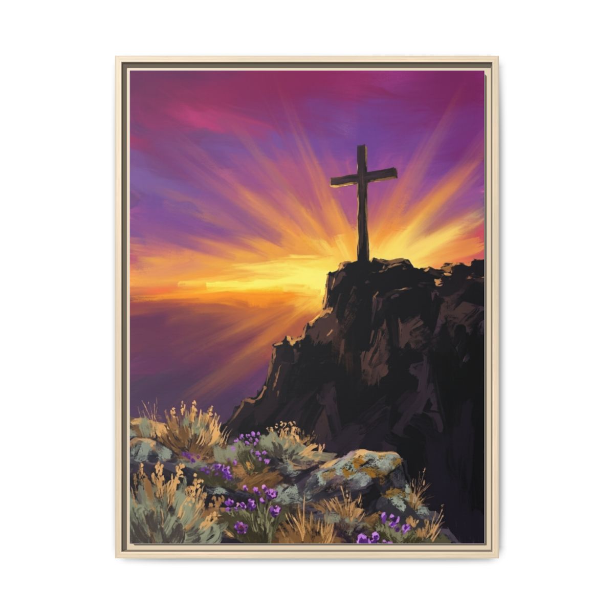Cross Sunset Canvas Wall Art | Cinematic Christian Landscape Framed Print | Faith Bedroom Decor — Thumbnail 5