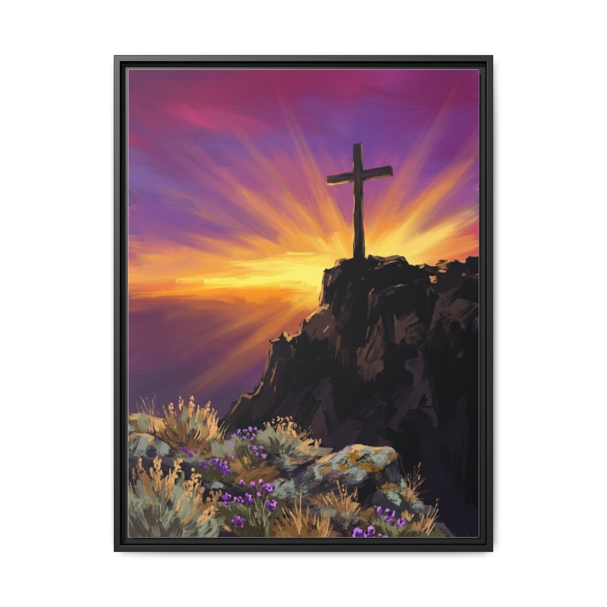 Cross Sunset Canvas Wall Art | Cinematic Christian Landscape Framed Print | Faith Bedroom Decor — Thumbnail 2